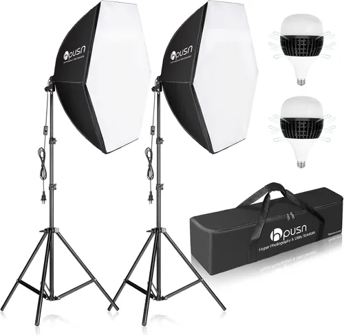 HPUSN Softbox Kit de iluminación para fotografía, kit de iluminación Softbox de 30 x 30 pulgadas, 2 bombillas LED E27 Socket 5400K, luz de estudio