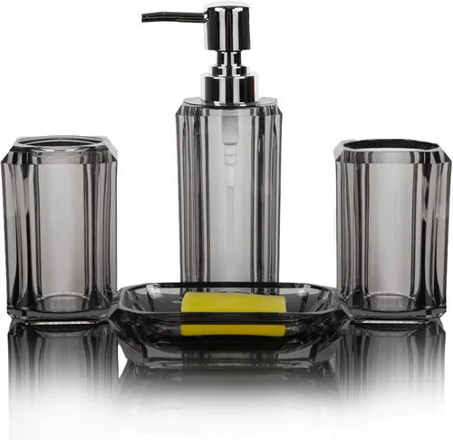 Vista 8 de 4 piezas de juego de accesorios de baño de acrílico premium, botella de desinfectante de manos, can de loción para baño, caja de jabón de botella