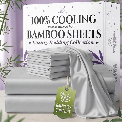 Vista 10 de SLEEP SANCTUARY 100% viscosa orgánica derivada de sábanas de bambú, tamaño individual, 4 piezas, ultra suave y refrescante, bolsillo profundo de 17