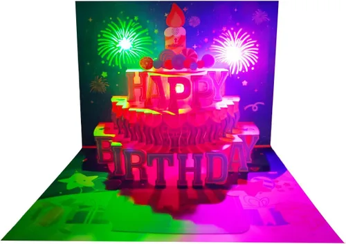 Vista 19 de Tarjetas de cumpleaños 3D desplegables, reproducción automática 3D de colores cambiables, música ligera, tarjetas de pastel de cumpleaños emergentes
