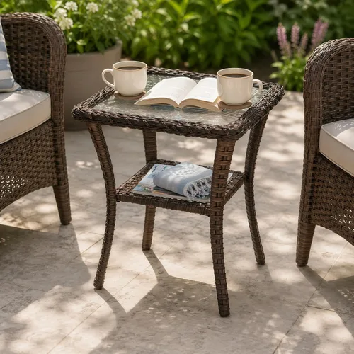 HUMMUH - Mesa auxiliar de mimbre para patio de 20 x 20 pulgadas con parte superior de cristal, color marrón espresso | Powder-coated aluminum frame,