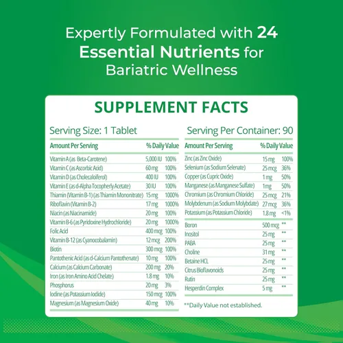 Vista 4 de Multivitamínico bariátrico con hierro para bypass gástrico y cirugía de manga, suplementos energéticos, 90 tabletas, 24 nutrientes esenciales