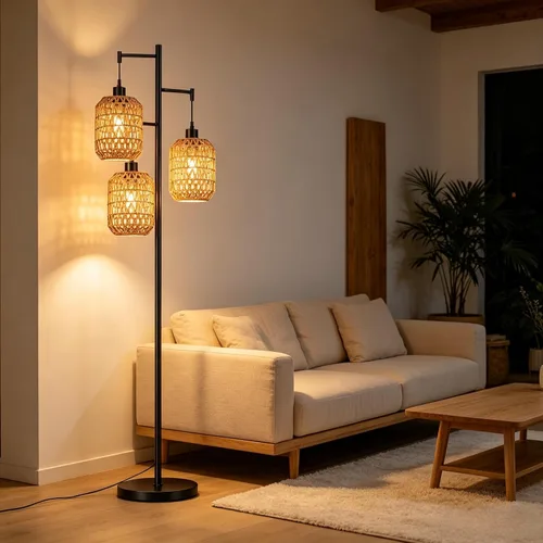 Vista 8 de QIYIZM - Lámpara de pie con diseño de árbol de 3 bombillas; alta, rústica, estilo rural, industrial y boho, pantalla de mimbre y bambú; para sala