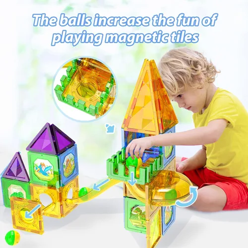 Vista 5 de Doloowee Juego de bloques magnéticos de dinosaurio, bloques de construcción de imanes de bricolaje para niños, 60 piezas de azulejos magnéticos