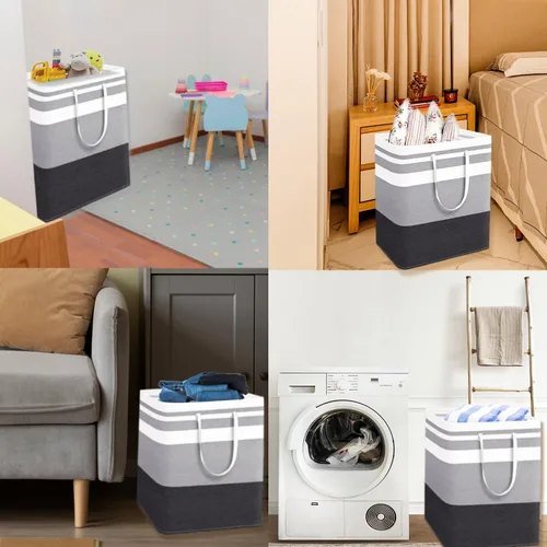 Vista 7 de Paquete de 3 cestas grandes para la ropa sucia, 75 litros cada una, impermeable e independiente, cesta de ropa alta plegable con asas extendidas