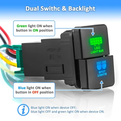 Vista 3 de Wsays Interruptor de Doble Pulsación Barra de Luz LED y Luces Spot Símbolo 12V Retroiluminación Azul y Verde Interruptor de Botón Pulsador