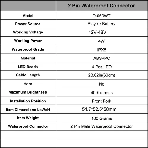 Vista 7 de Faro eléctrico para bicicleta, 4 piezas LED de 400 lúmenes, compatible con 24 V, 36 V, 48 V, conector impermeable de 2 pines, luz delantera