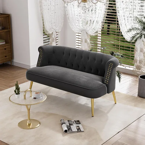 Vista 6 de Sofá biplaza pequeño, mini sofá tapizado para dormitorio, cómodo sofá curvado de 2 plazas con patas doradas para espacio pequeño, sala de estar
