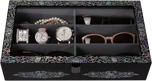 Antique Alive Mother of Pearl Wood Sunglasses Box Eyeglasses Valet Display Storage Case Glasses Jewelry Accessory Organizer
