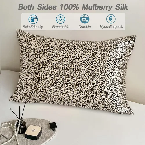 Vista 4 de Funda de almohada de seda de morera con estampado de leopardo, tamaño estándar con cremallera, ambos lados, fundas de almohada de seda pura