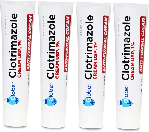 Globe Clotrimazol Crema antifúngica 1% USP, 1 onza (paquete de 4), tratamiento antifúngico, alivia la picazón, ardor, agrietamiento y descamación