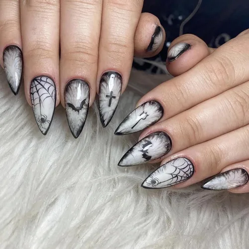 Vista 25 de MISUD Uñas a presión – Uñas adhesivas medianas con pegamento gótico rojo y negro, acrílico gótico diseño de vampiro, 24 piezas