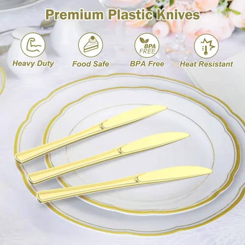 Vista 3 de Dealusy 100 unidades de cuchillos de plástico dorados resistentes desechables, libres de BPA, resistentes al calor, cuchillos desechables