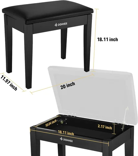 Vista 3 de Donner Banco de piano con almacenamiento, banco de teclado de madera maciza, taburete silla asiento estantería de piano con almohadilla de esponjas