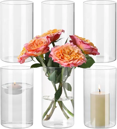 Vista 9 de SUPMIND Juego de 6 jarrones cilíndricos de vidrio para centros de mesa, jarrones de flores transparentes cortos de 5 pulgadas a granel, portavelas