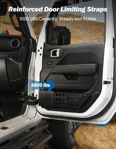 Vista 4 de JOYTUTUS Correas de limitación de puerta compatibles con Wrangler, paquete de 2 correas de control de limitación de puerta ajustables resistentes