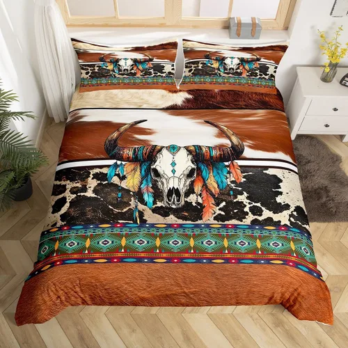 Vista 18 de Erosebridal Funda de edredón de piel de vaca marrón con estampado de vaca de las tierras altas, juego de ropa de cama occidental exótico azteca