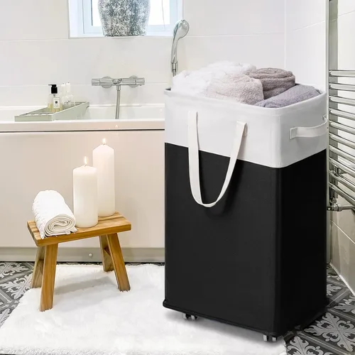 Vista 7 de Goodpick Canasta de lavandería enrollable con ruedas 75L, Canasta de lavandería negra para ropa sucia, Canasta de lavandería plegable con lavado