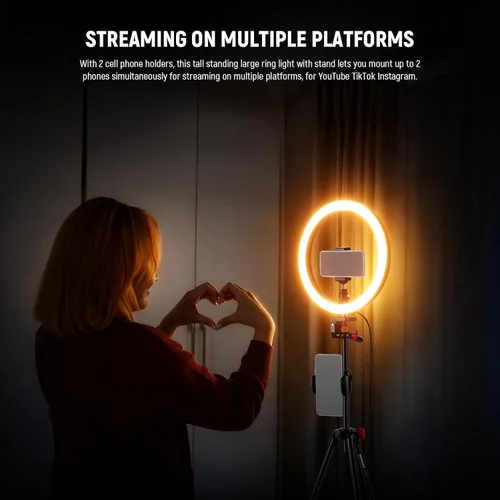 Vista 4 de NEEWER Basics - Anillo de luz para selfie de 10 pulgadas con soporte de trípode/2 soportes para teléfono compatibles con iPhone/placa QR
