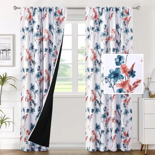 Vista 18 de H.VERSAILTEX Cenefas de cortina 100% opacas para ventanas de cocina, juego de 2 paneles de Cattleya con estampado floral, estampado floral