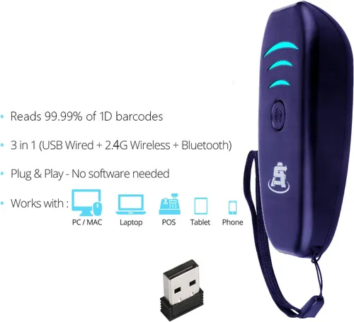 Vista 5 de ScanAvenger Escáner de código de barras Bluetooth portátil mini inalámbrico: escáneres manuales - Pistola de escaneo 1D inalámbrica y recargable