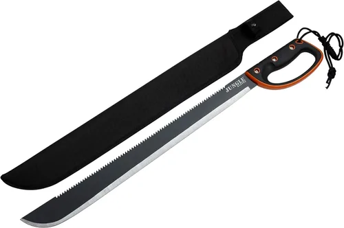 Vista 2 de Jungle Master – Machete con serraciones inversas – Hoja negra/satinada, tanga completa, mango de fibra de nailon de goma negro/naranja, funda