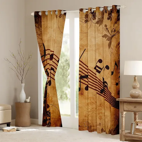 Vista 3 de Manfei Cortinas musicales para ventana, diseño retro con notas musicales impresas, para dormitorio, sala de estar, tema musical, tratamiento