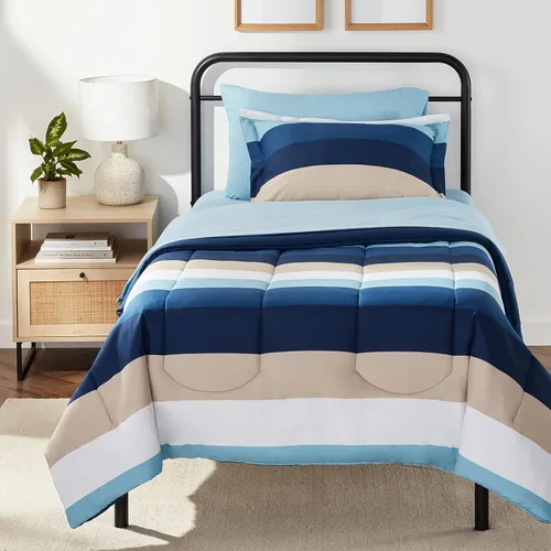 Vista 12 de Amazon Basics - Juego de edredón Twin/Twin XL con sábanas, juego de ropa de cama de 5 piezas, microfibra ligera azul Calvin a rayas, en una bolsa