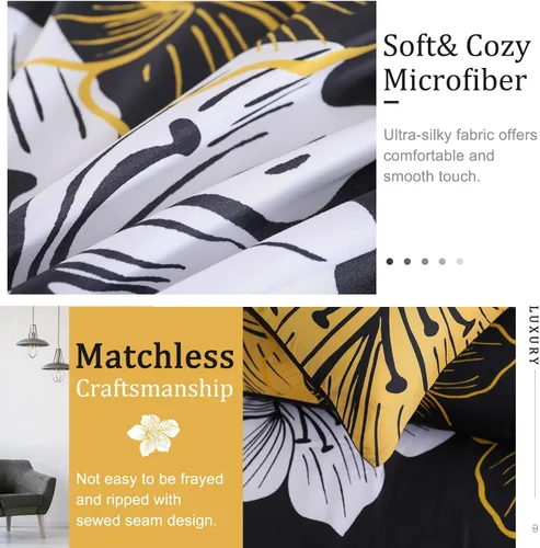 Vista 5 de Menghomeus Juego Completo de Edredón Negro/Dorado Floral Juegos de Ropa de Cama Edredón - Juego de Edredón de Cama de Microfibra Suave para Todas