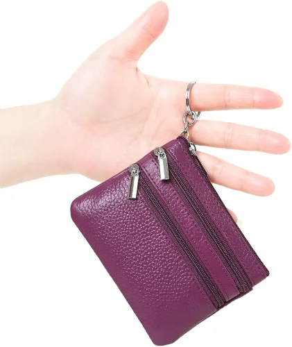 Vista 2 de Monedero de cuero auténtico para mujer, con llavero