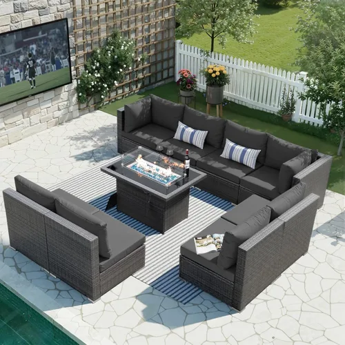 Vista 45 de BULEXYARD Juego de muebles de exterior de respaldo alto de 7 piezas con hoguera, juego de sofá de patio de mimbre duradero para todo tipo de clima
