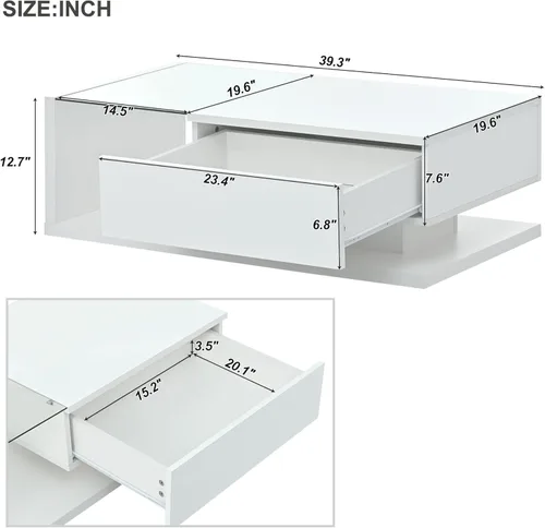 Vista 2 de Mesa de centro moderna con almacenamiento, mesa de cóctel de madera con superficie UV de alto brillo, mesas de centro rectangulares de 2 niveles