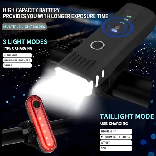 Vista 3 de Juego de luces de bicicleta recargables USB ultra brillantes, 4 modos de luz, faros delanteros y traseros de bicicleta, luz delantera y trasera