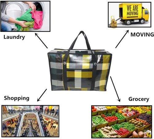 Vista 2 de Juego de 4 bolsas grandes reutilizables de tela de plástico duro irrompible con cremallera y asas para viajes, comestibles, lavandería, compras