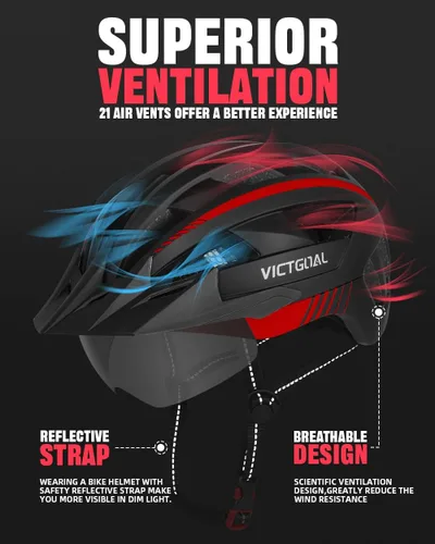 Vista 3 de VICTGOAL Casco de bicicleta con luz trasera recargable por USB, gafas magnéticas desmontables, visera solar extraíble, cascos de bicicleta