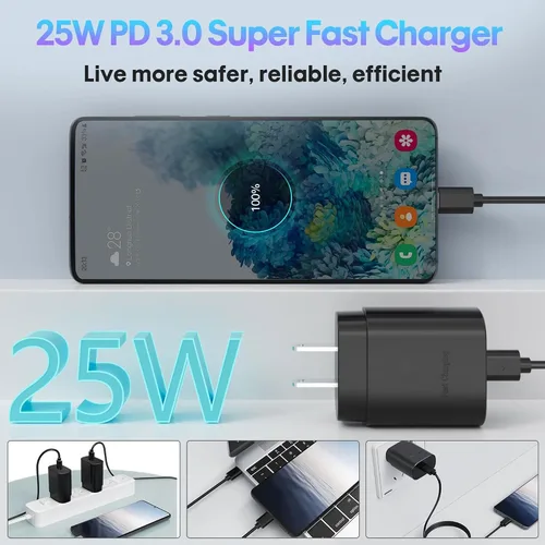 Vista 3 de 2 paquetes de cargador rápido tipo C, bloque de carga rápida de cargador tipo C con cable USB C de 4 pies compatible con S24U/S23/S22/S21/S20/iPhone