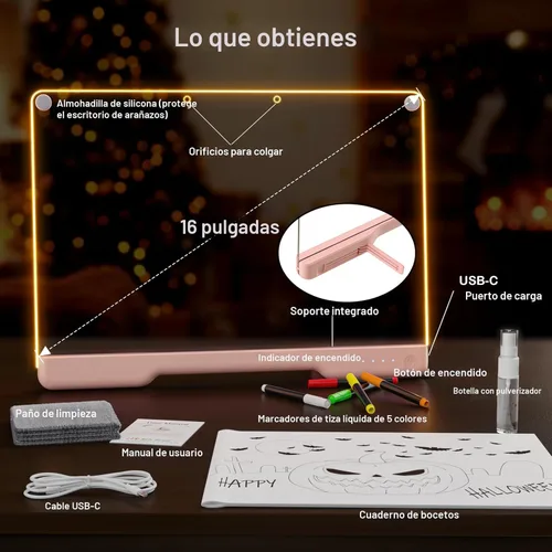 Vista 7 de Tablero de Notas LED Doodle Glow Recargable de 16 Pulgadas, 7 Modos de Luz de Color, Almohadilla de Dibujo de Arte Neón de Borrado en Seco Iluminada