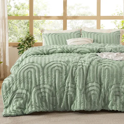 Vista 11 de Bedsure - Juego de edredón individual/King, juego de cama bohemio azul polvo capitoné, 3D, tipo jacquard, 2 piezas: 1 edredón estilo rústico chic