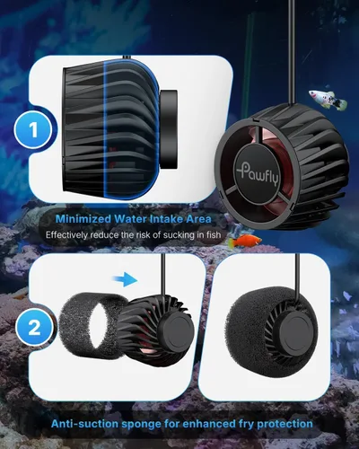 Vista 7 de Pawfly Wave Maker para acuarios 2100 GPH, Powerhead para acuario DC 24V 10W, bomba de circulación de acuario con base magnética, agitador