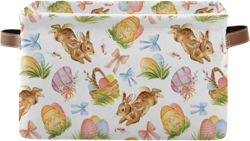 senya Cesta de almacenamiento de Pascua con asas, huevos de conejo de Pascua en acuarela, grande, plegable, de tela, plegable, bolsa organizadora