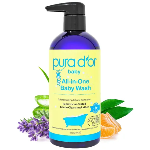 PURA D'OR Jabón y champú calmante todo en uno de 16 onzas para el cabello y todo el cuerpo, sin desgarros, sin sulfatos, aloe vera natural, fórmula