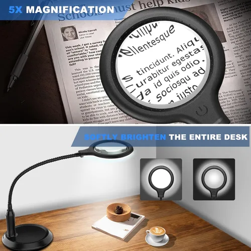 Vista 4 de Lámpara de escritorio recargable de 5 aumentos, lupa manos libres con luz y soporte, diseño plegable con 30 luces LED para leer, pasatiempos