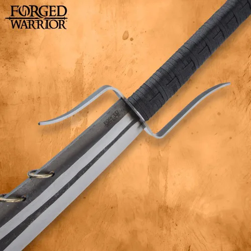 Vista 5 de Espada ancha y vaina forjada de guerrero chino de nueve anillos, hoja de acero inoxidable quemado de dos tonos, mango envuelto en cordón de cera