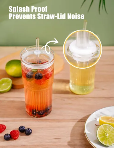 Vista 3 de NiHome Vaso de vidrio de borosilicato alto con tapa y pajilla, vasos de vidrio transparente para café helado de 22oz, tarros para beber, vasos de té