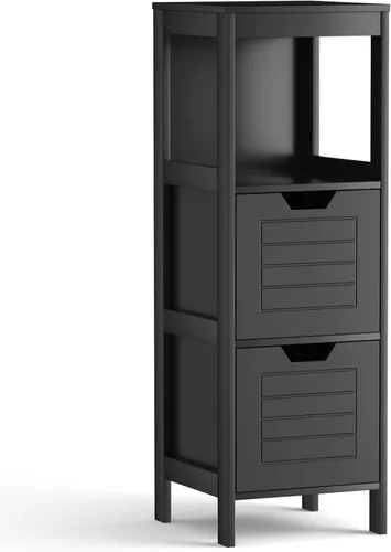 Tangkula Armario de suelo de baño, torre de almacenamiento de madera estrecha con 2 cajones conmutables, almacenamiento lateral multifuncional para