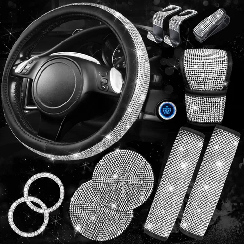 Vista 9 de CAR PASS Juego de fundas de asiento de coche con diamantes brillantes de 11 piezas, accesorios de coche con diamantes brillantes para mujer, funda