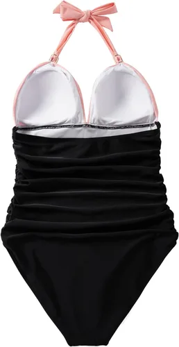 Vista 3 de RXRXCOCO - Traje de baño fruncido de una pieza, con cuello en V, para mujer, con control de abdomen, cuello halter