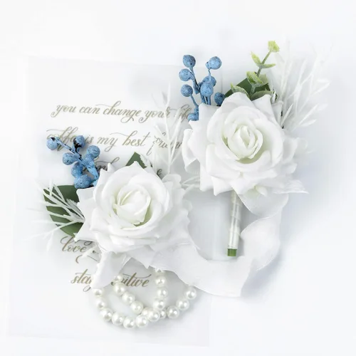 Vista 11 de Juego de muñequeras y ramillete de muñeca rosa rubor para boda, dama de honor, madre, abuela, para despedida de soltera, boda, rosas artificiales