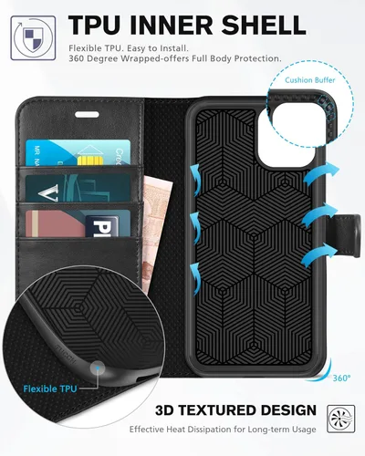 Vista 4 de TUCCH Funda para iPhone 11, funda tipo cartera para iPhone 11 con bloqueo RFID, ranuras para tarjetas, cierre magnético, piel sintética protectora