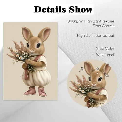 Vista 5 de Lienzo de globo aerostático para pared, diseño de conejito estético rosa, acuarela, cuarto de bebé, arte de pared de gato, conejo con flores